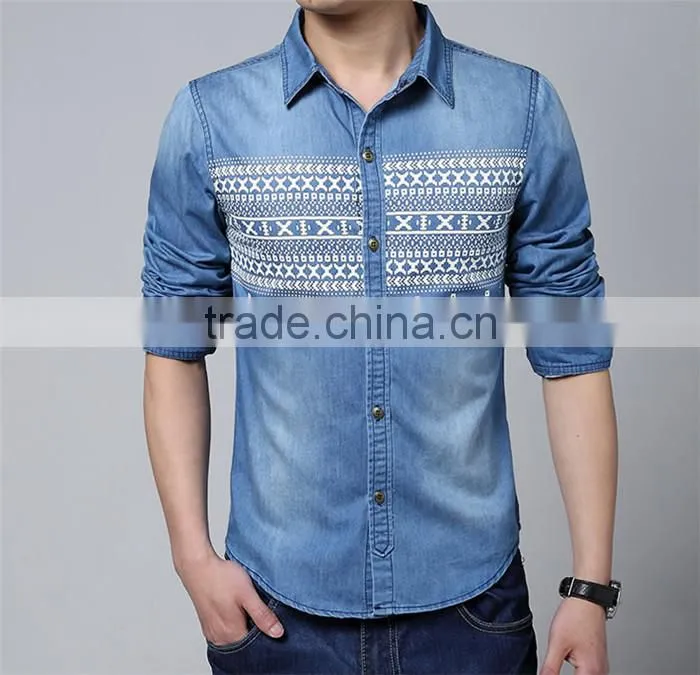 2016 New design men printed washed denim casual shirt , cowboy shirt