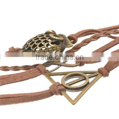 Velvet Braiding Bracelets Coffee W/Antique Bronze Infinity Symbol & Owl & Triangle Findings Halloween Ornaments 19cm