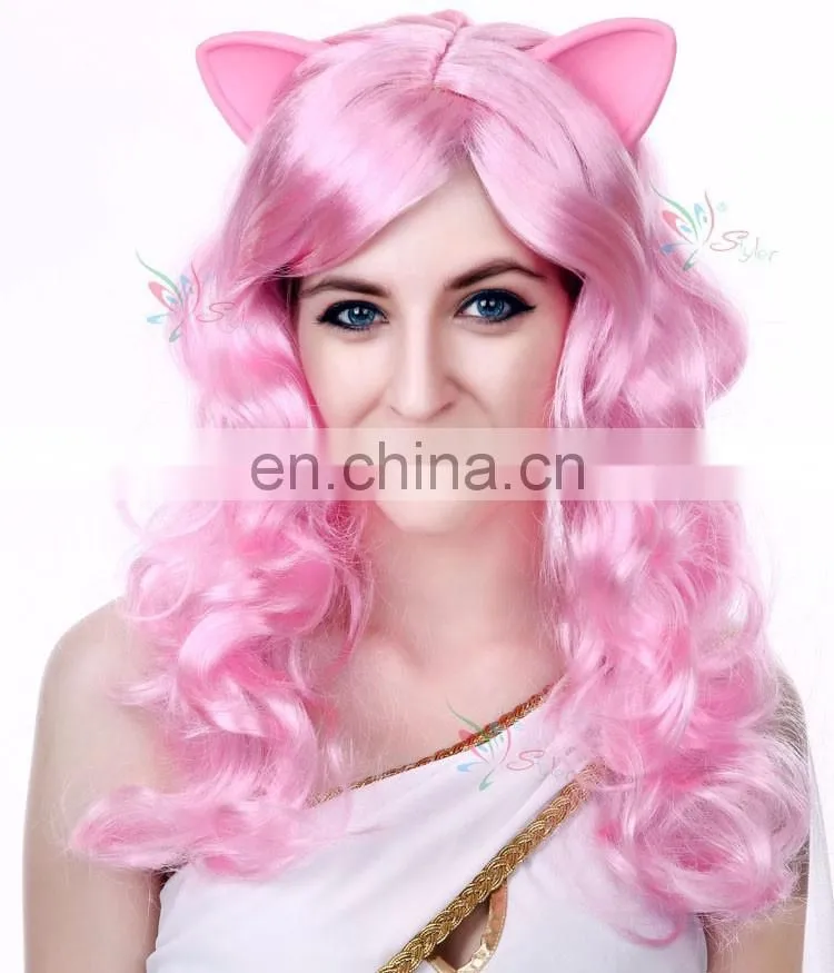 high quality anime party cosplay synthetic wig fashion beautiful curly pink cat wig