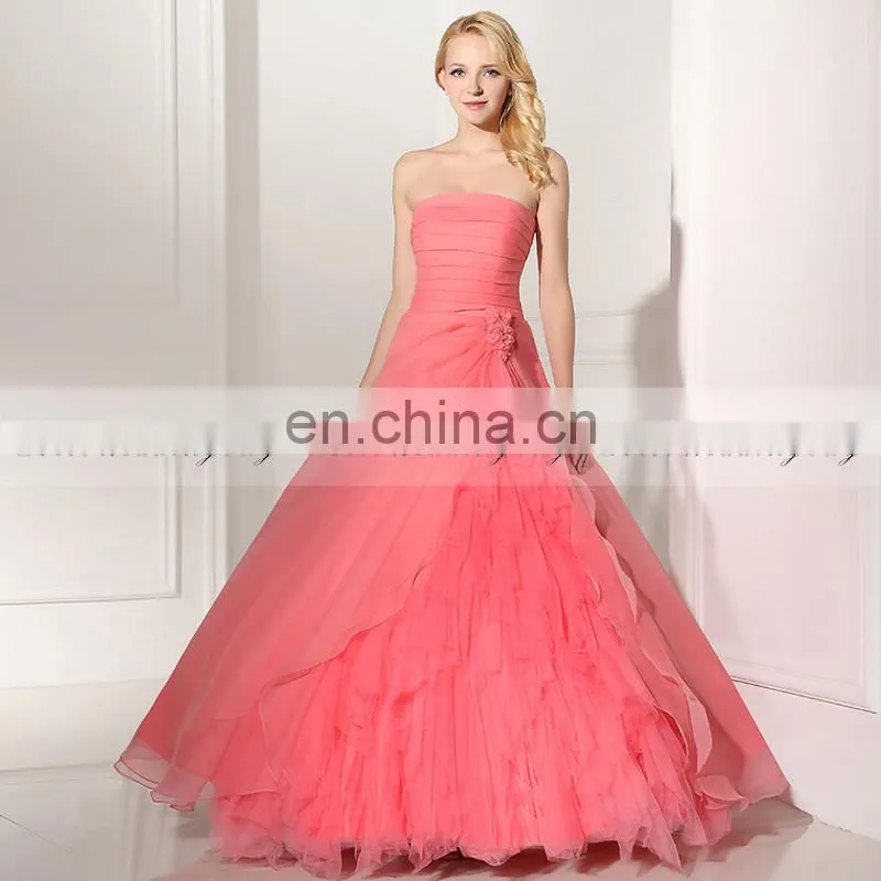 Gorgeous Strapless Sleeveless Lace-Up Organza Ruffles Coral Color Ball Gown Prom Dresses SD364