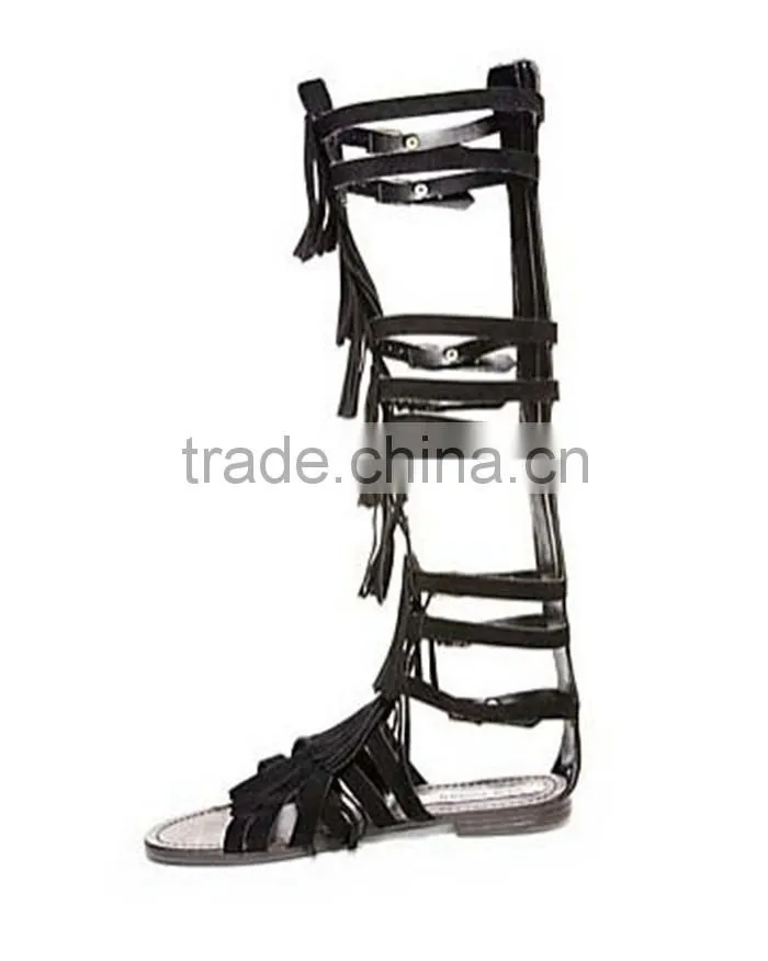 New Style Women Genuine Leather Gladiator Sandal Lace up Flat Knee High Sandal Boots