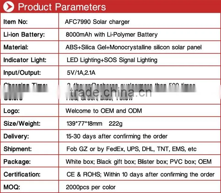 Outdoor waterproof Emergency Logo Customized 8000mAh usb portable solar powerbank charger