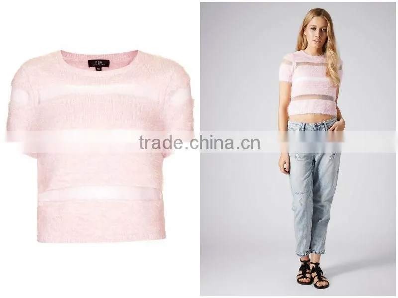 Fluffy Stripe Jumper Sweater Short Sleeve Crop Top Fuzzy Pastel Candy Colors