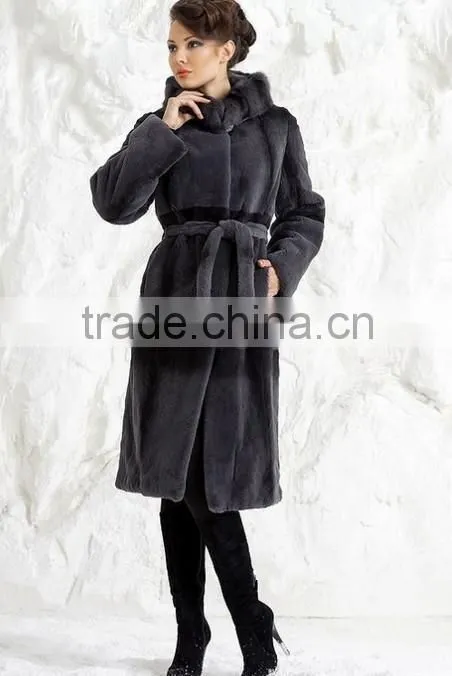 rex14069 knee-length rex rabbit fur coat belt gray