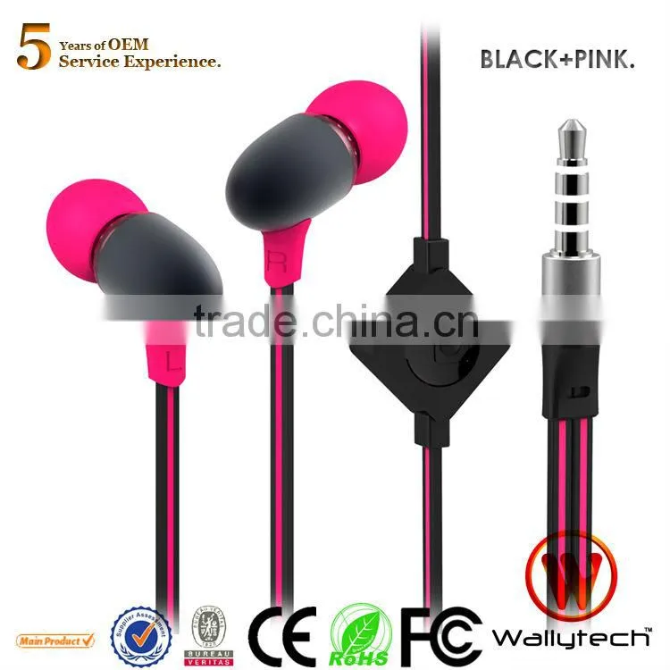 Newest 2013 Wallytech WHF-124 Metal in-ear zipper Earphone with Microphone Flat Cable for iPhone for Samsung