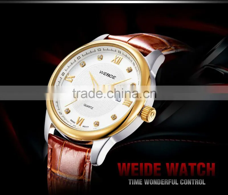 Luxury Brand Gold Military Genuine Leather Rhinestone Quartz Man Watch WEIDE 93008R