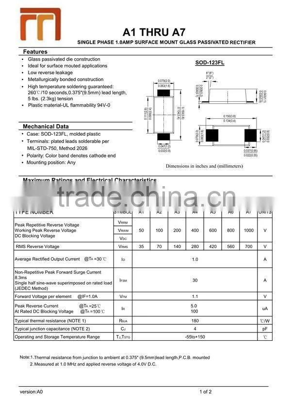 Single Phase 1.0A SMA Glass Passivated Rectifier A1