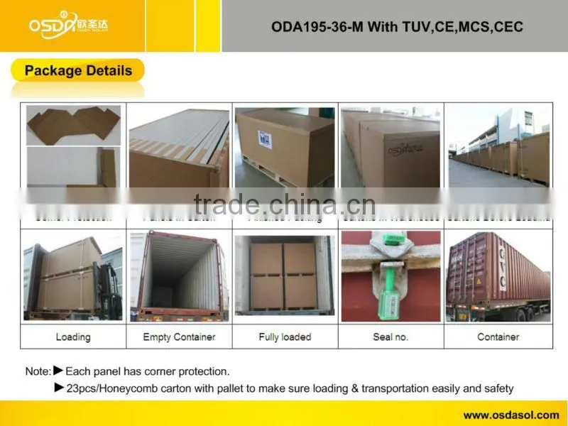 TUV MCS CEC certificated monocrystalline 195W solar panel