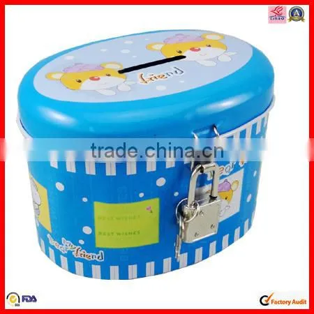 manufacturer blue oval shaped tin box for saving coins