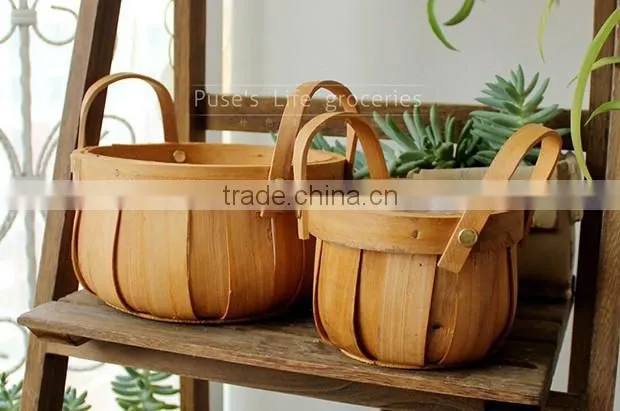 Garden decorative wood chips flower basket with handles