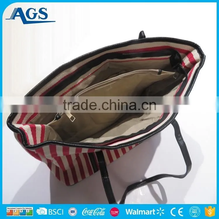 Classic style double color striped large tote bag for women