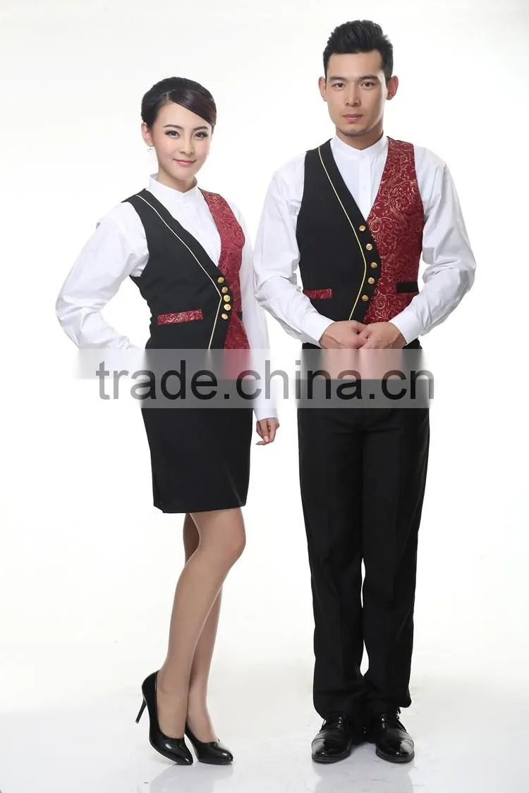 Juqian custom 5 start summer restaurant manager hotel waiter receptionist uniform designs with embroidery vest