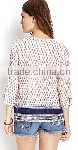2015 hot sale Bordered Paisley Peasant paisley flower print ladies Tops