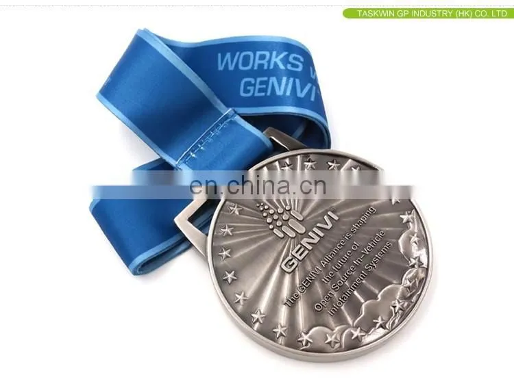 Custom silver plated metal medal with ribbon drape
