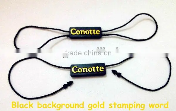Factory custom black plastic hang tag/string seal with logo printing for sale
