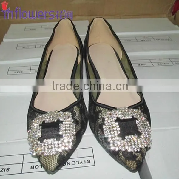 Wholesale black lace shoes rhinestone women flat dress shoes