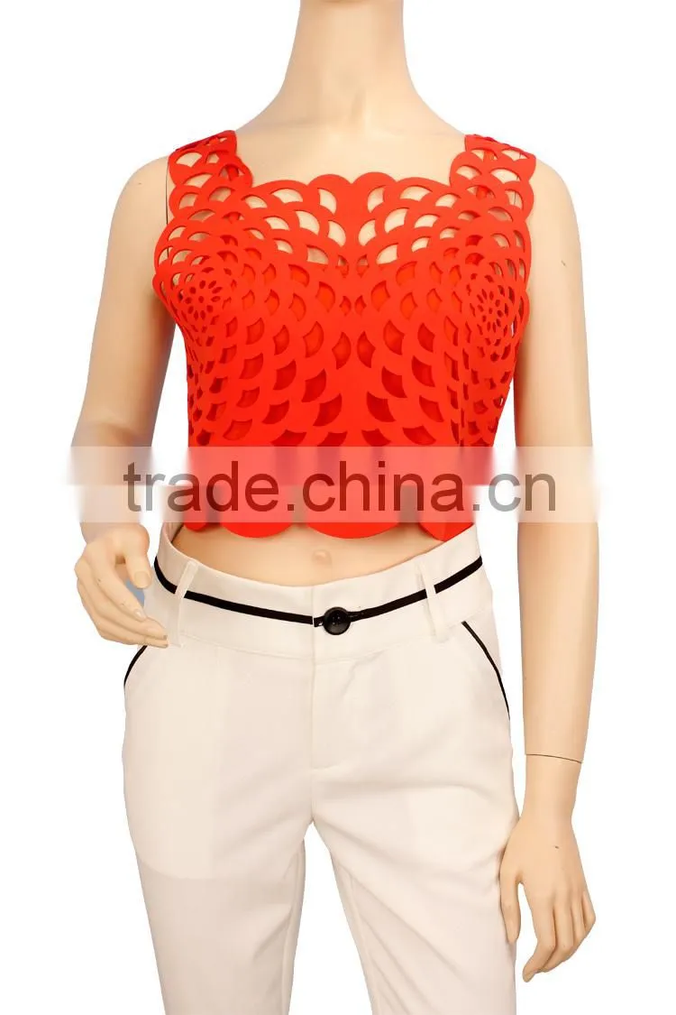 2016 S/S hollow out curved hem bear midriff red tops neoprene plain crop tops wholesale 2015
