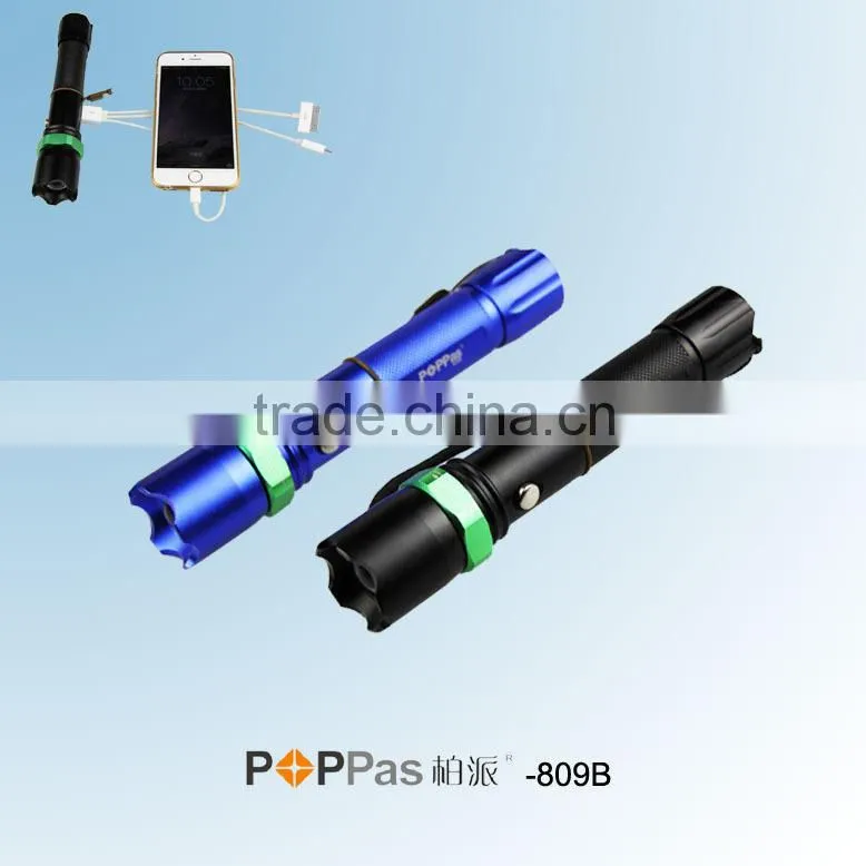 POPPAS 809B 3W Brightest XPE R2 Zoomable USB Power Bank Tactical Police Flashlight