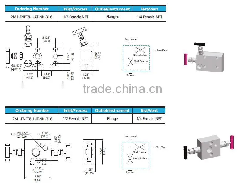 Oil instrument manifolds stainless steel 2-valve manifolds