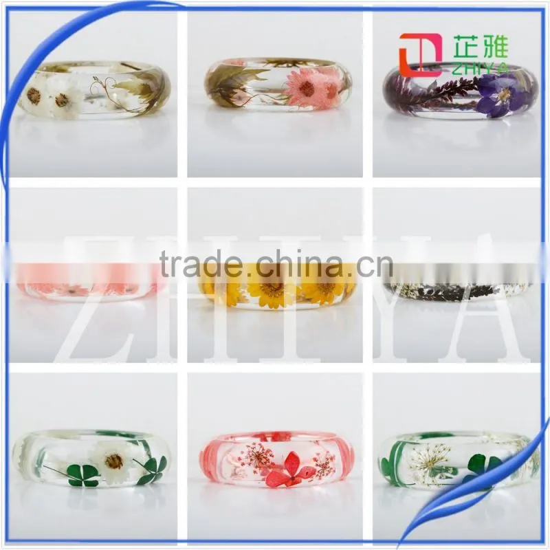 ZHIYA 2016 Series Fashion Clear Resin Bangle cloud effect with Real Dried Yellow chrysanthemum Flowers Gold foil