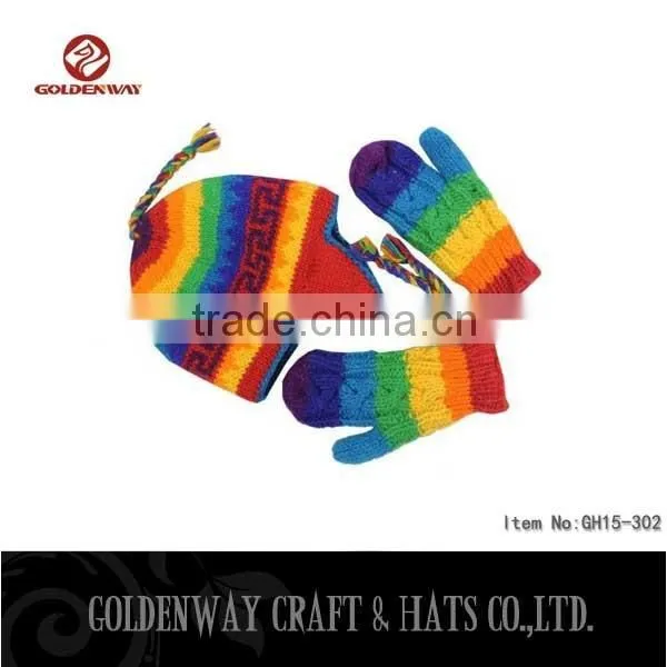 2016 Custom knitted pom pom beanie hats&glove set