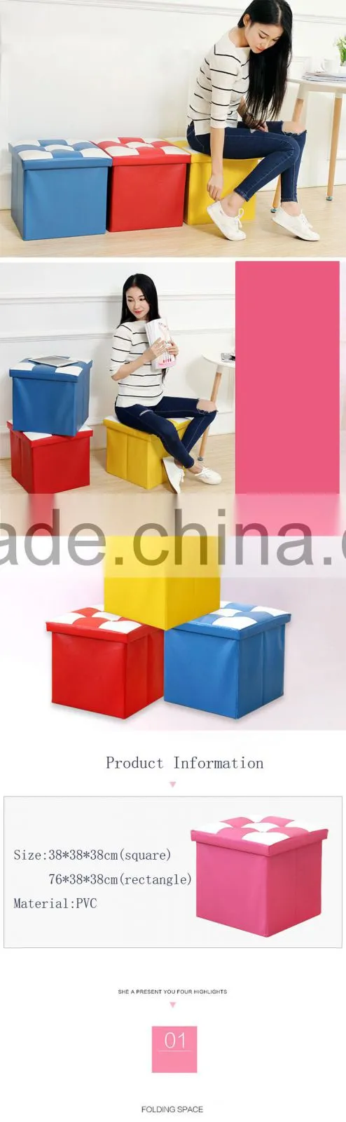 Waterproof square Faux Leather Folding Seat Foot Stool Storage Box