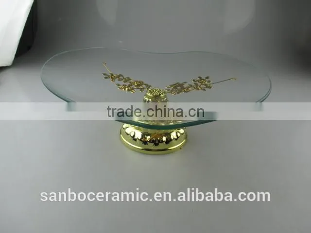 Hanging crystals cake stand, rectangle golden glass cake plate with footed and handle