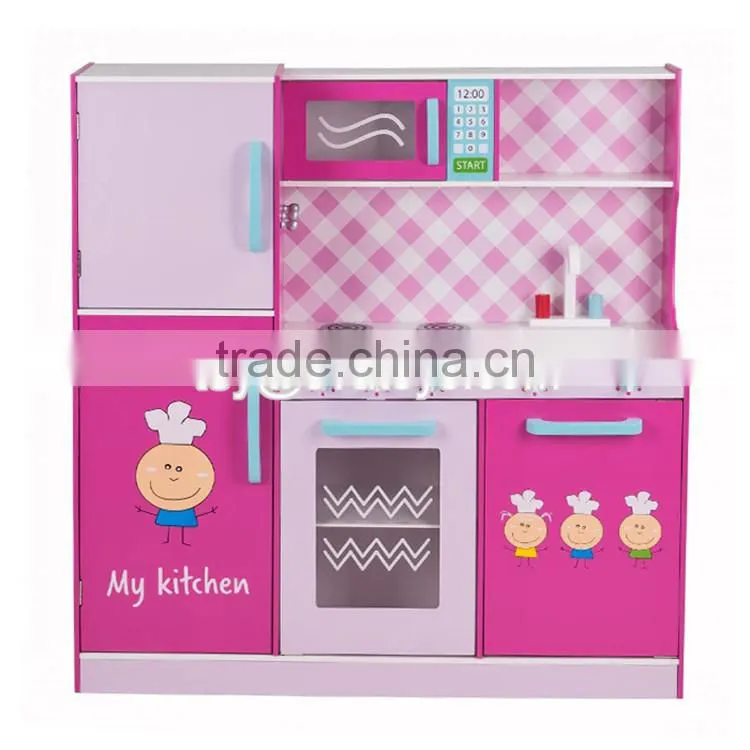 New style big size lovely pink girls toys wooden girls play kitchen W10C276