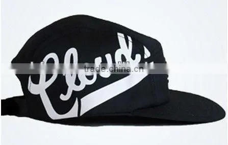 Long bill black hat with metal plate custom 5 panel adjustable cap