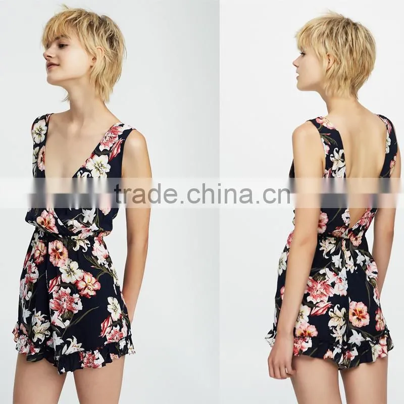 2017 HOT sale deep V-neck sexy ladies short floral print jumpsuit