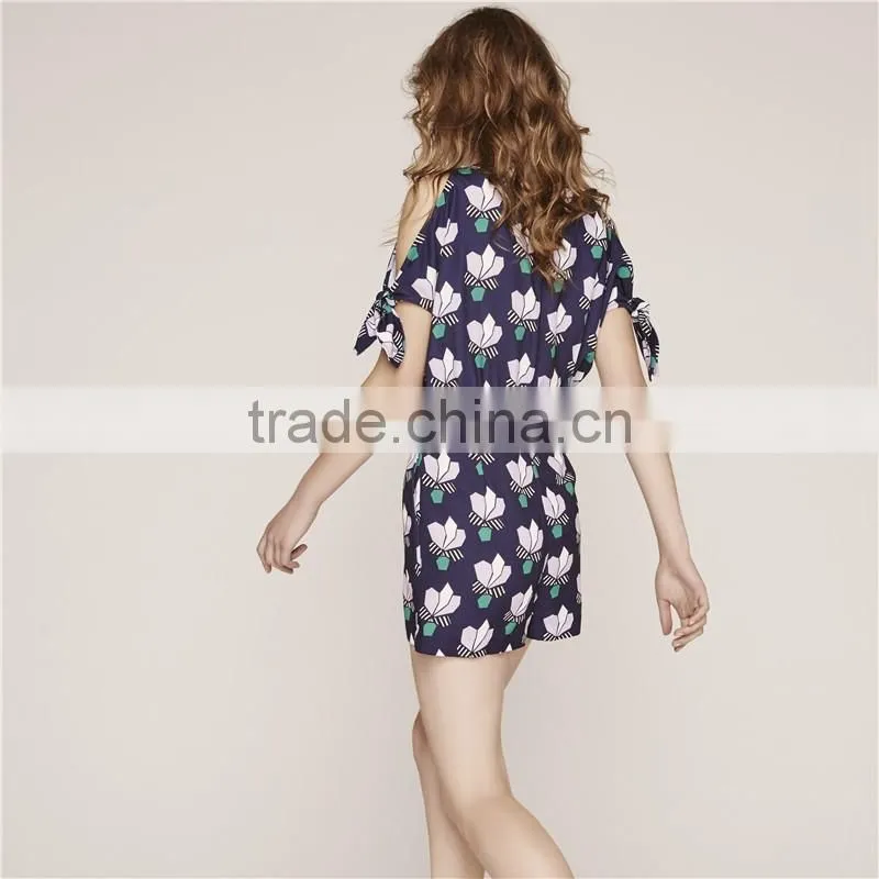 Classy cold shoulder floral printecd short rompers with adjustable sleeves