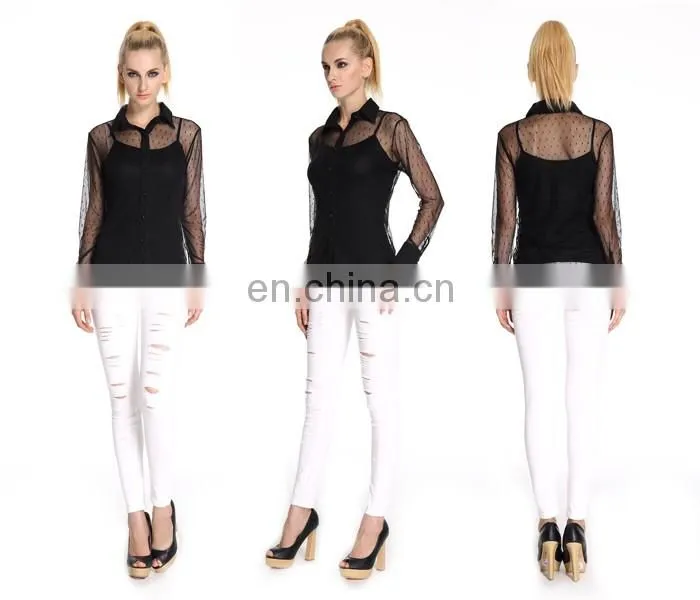 Factory Price Cheap Embellished Blouse, Black Mesh Blouse , Sexy See-through Blouse For Ladies