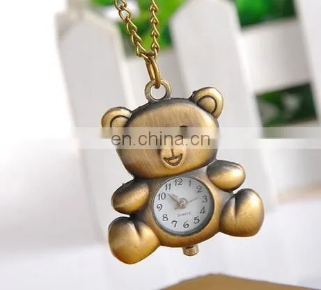 New Fashion Cute Pocket Watch Little Bear Pendant Necklace Women Dress Quartz Watches Gift