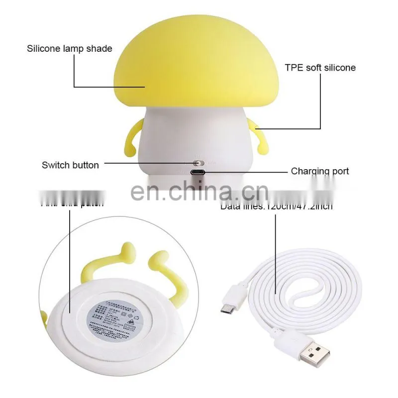 1200mAh Cute Silicone Cartoon Mushroom USB Charging Night Light Touch Sensor LED Lamp