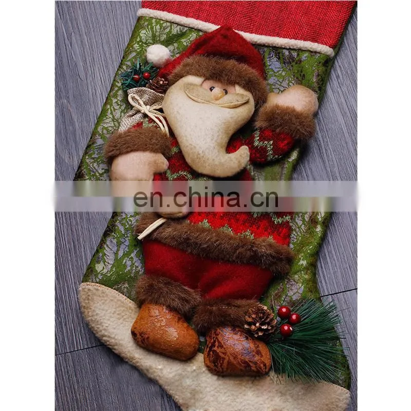 43CM Large 3D Green and Red High Quality Home Decoration Gift Christmas Stockings with Christmas Grass - Santa Claus