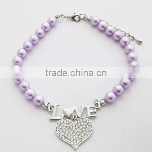 rhinstone heart love charm pearl pet necklace for dog and cat jewelry