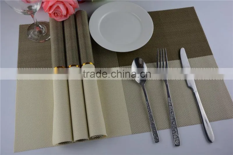 2015 New Arrival Gold Color Home Kitchen Dining Placemat Fashion Adiabatic PVC Strip Weave Table Mat