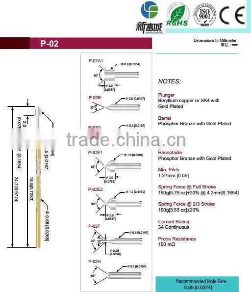 high precision muisc wire spring loaded brass spring pogo pin