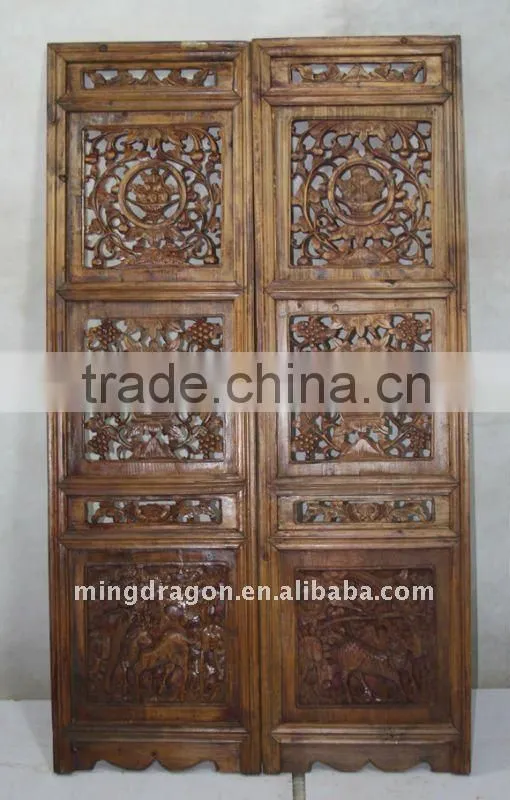Antique Chinese Head Carved Wood Window Pane Blossom Panel Shutter
