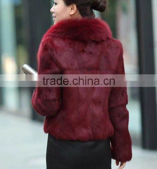 fashionable white rabbit fur coat with fox fur collar