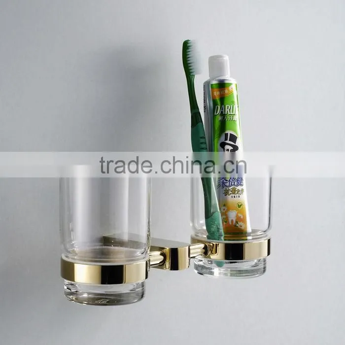 wall mount Gold Polished elegant Bathroom Double Toothbrush Cup Holder Tumbler Holder Glass Cup