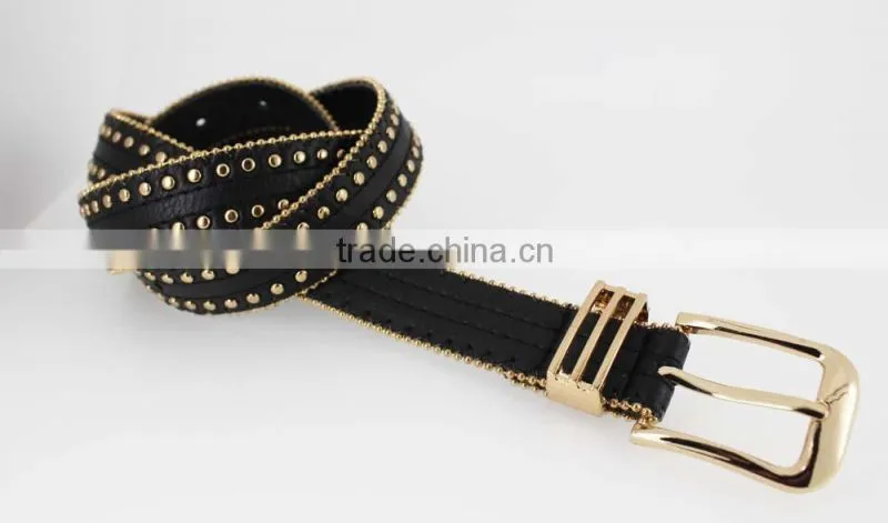 Women's Fashion Gold metal studded PU black leather jeans belt with double bean chian