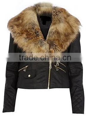 WINTER WOMAN BLACK FAUX FUR COLLAR PU BIKER JACKET