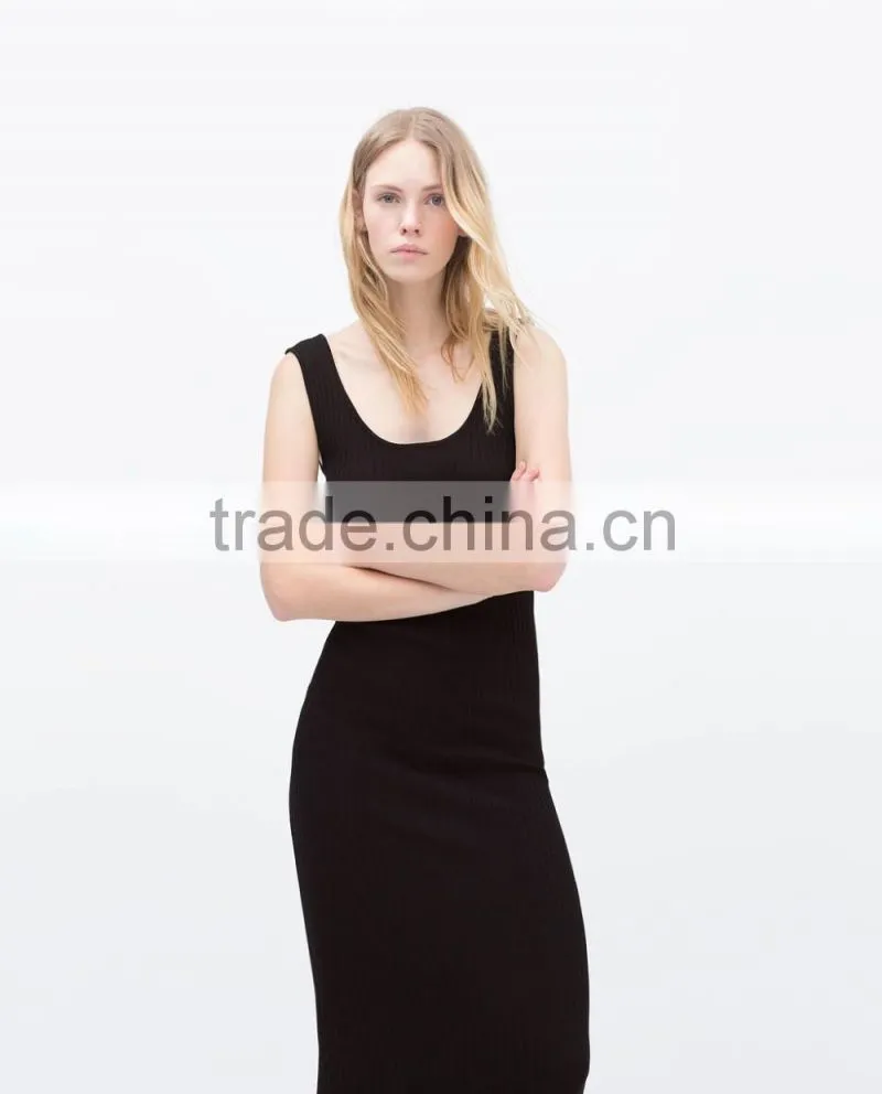 New arrival sleeveless long black maxi dress in flat knit rib fabrics