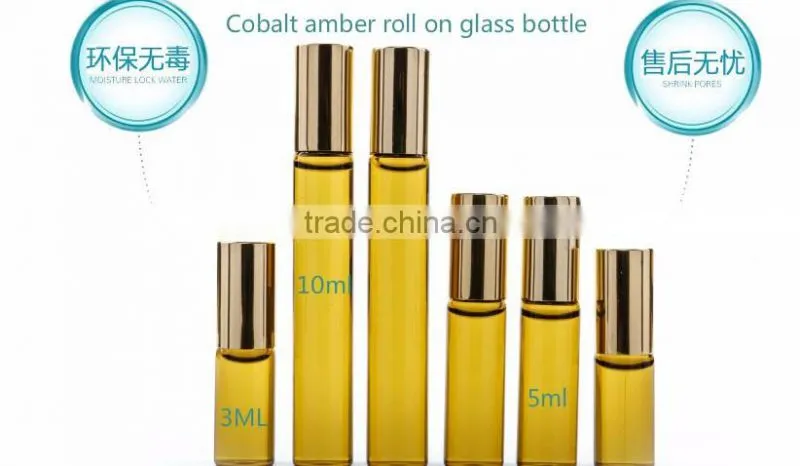 10ml Cobalt amber roll on glass bottle walk bead glass bottle with metal bead