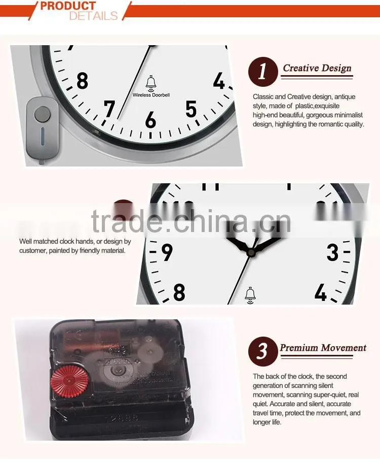 New product hot sell plastic wireless doorbell wall clock