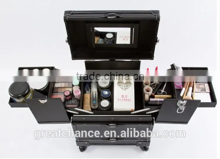 Black Leather Like Professional Aluminum Rolling Cosmetic Case Makeup Trolley