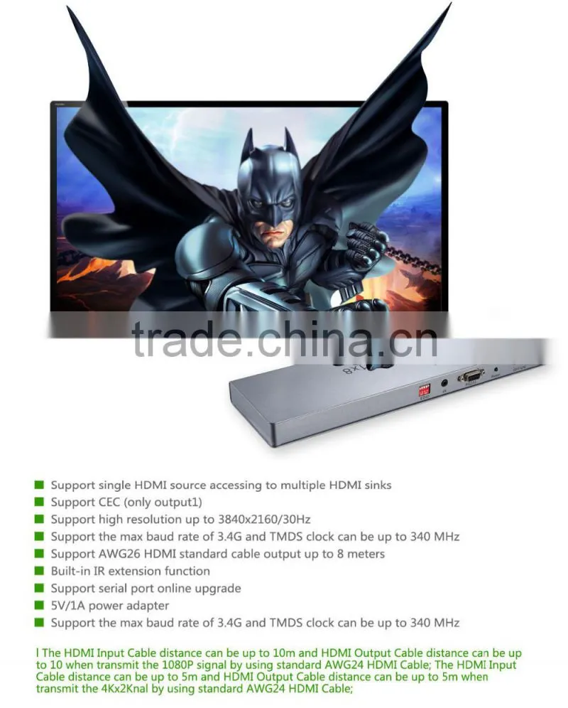 VOXLINK 1x8 HDMI splitter 4K(HDMI 1.4,HDCP1.4 ,4K,IR extension, EDID management, RS232) EU/US/UK/AU