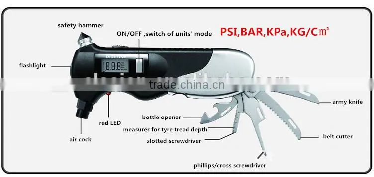 Multifunction Digital Auto Tire Pressure Gauge with LED light and knife