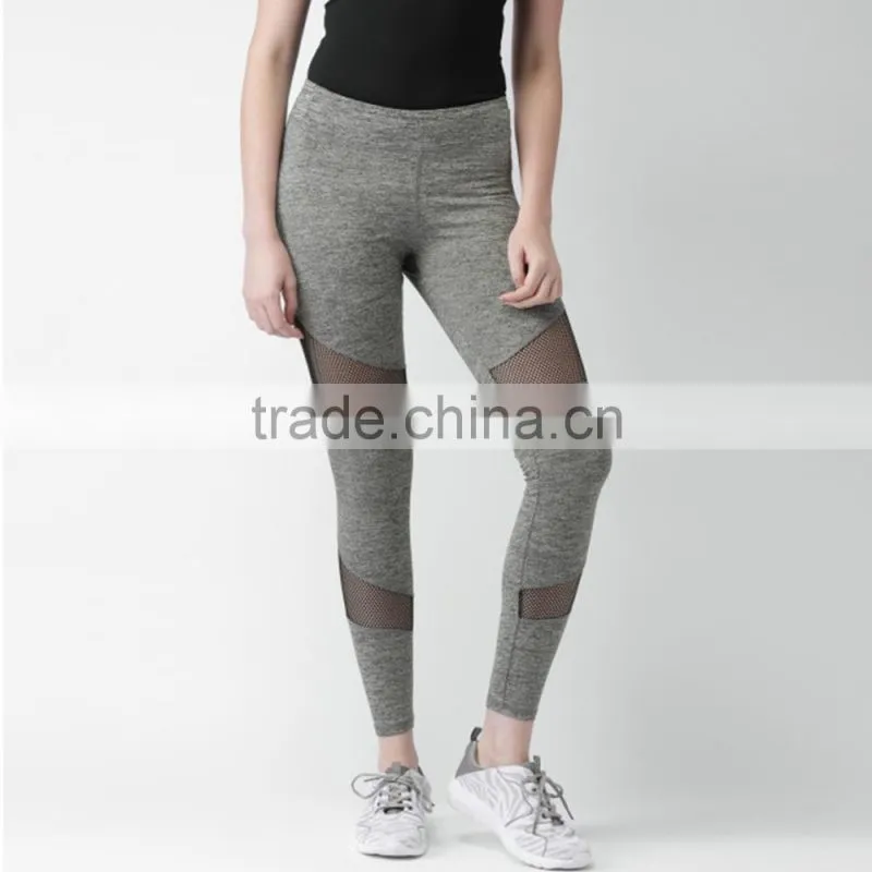 Women Wearing Grey Melange Net Panelled Tights Seamless Yoga Pants